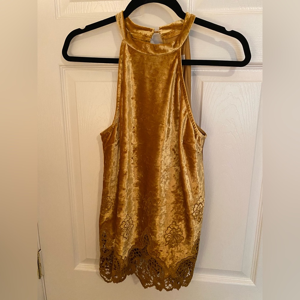 Altard State gold embroidered velvet halter top blouse Small S